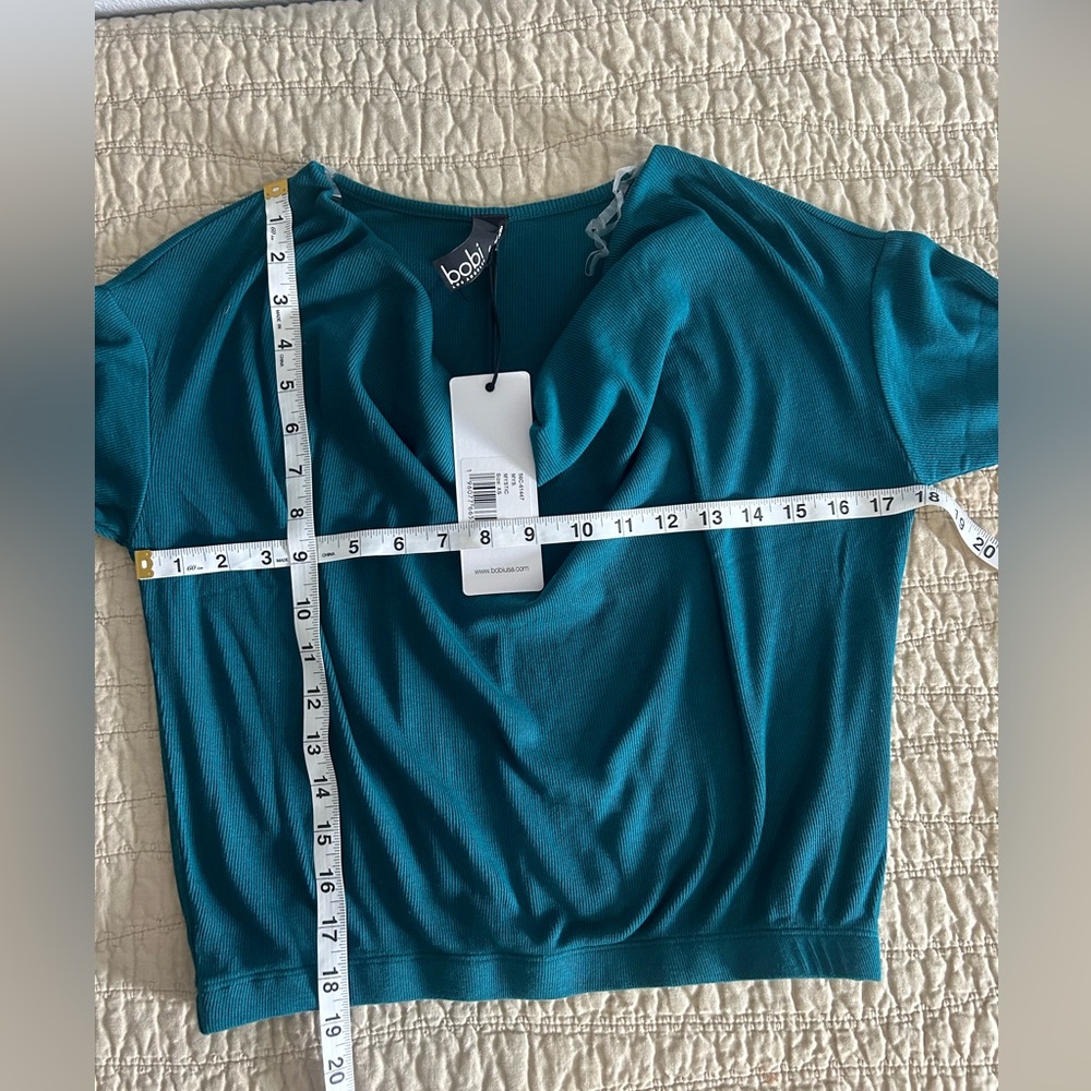 Bobi Mystic Green Cowl Neck Long Sleeve Ribbed Teal Top NWT Size XS - Picture 3 of 9